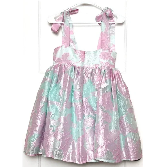 WOLF & BADGER Floral Embossed Tulle Sleeveless Bow Strap Babydoll Puff  Dress XS